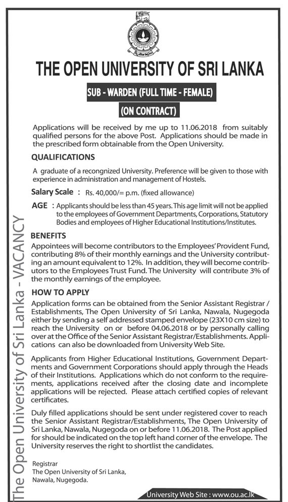 Sub Warden (Full Time - Female) - The Open University of Sri Lanka